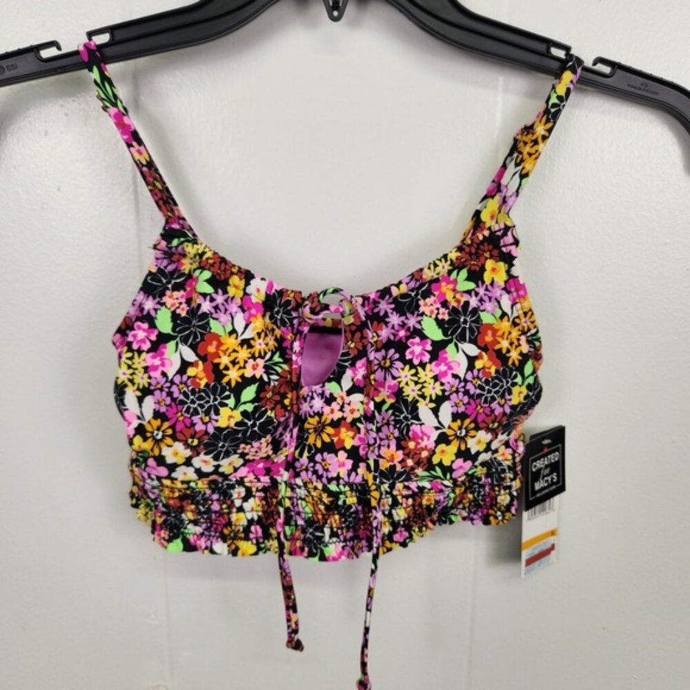 California‎ Waves Smocked Cami Top S Floral Multi Print Ruffle Stretch Crop NWT